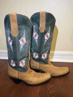 Double H Sonora 9M Floral Embroidered Leather Teal Brown Mexico Cowboy Boots